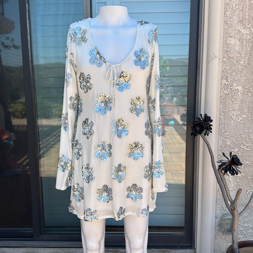 Show Me Your MuMu Sequin Floral Mini Dress - White and Blue
